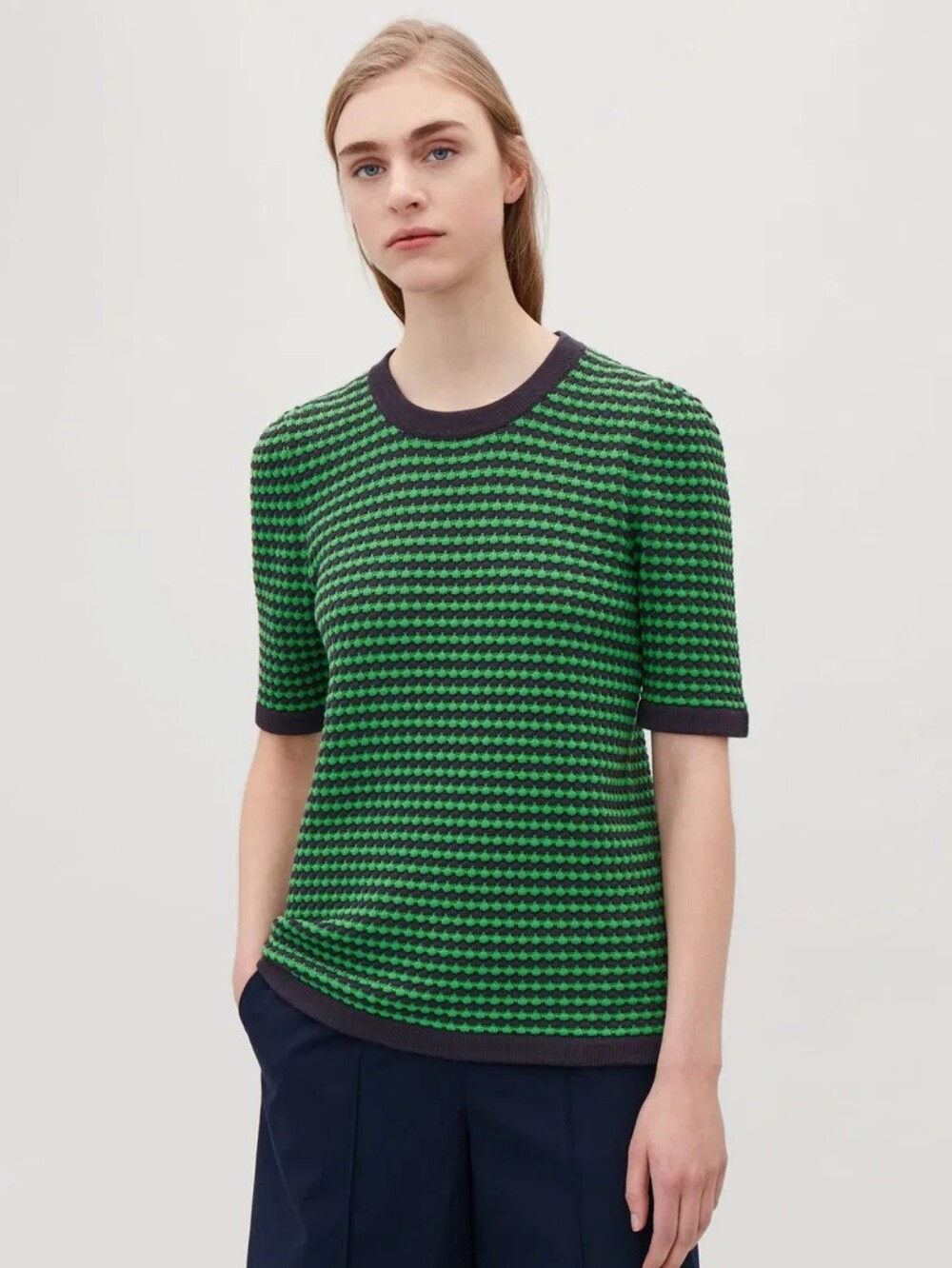 COS Textured Jacquard Patterned Short-Sleeve Knit Top Blue Green Women's XS
